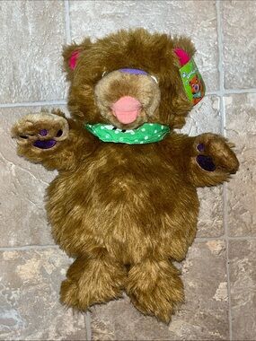 Pearson Brown Bear Puppet with Green Polka-Dot Scarf and Pink Accents